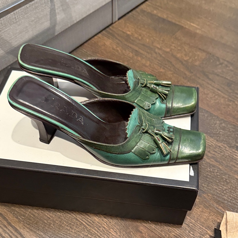 Prada Green Tassel Leather Mules - Picture 2 of 7